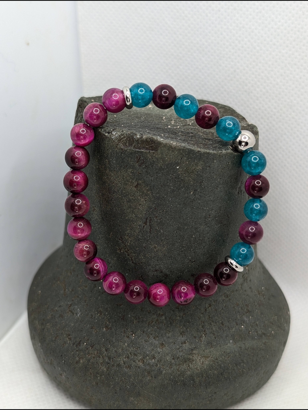 Hand Crafted Pink, Teal & Plum Beaded Stretch Bracelet